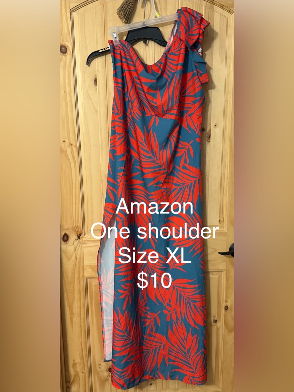 Amazon One-Shoulder Teal Dress with Red Leaf Print